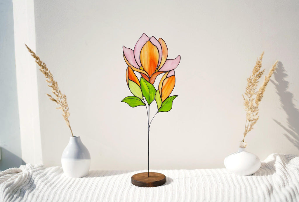 Handmade Stained Glass Magnolia Flower Sculpture, Floral Table Decor