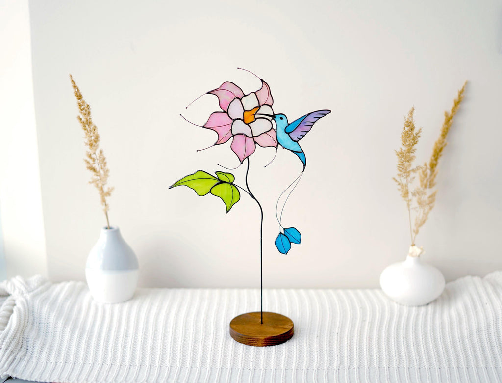 Stained glass hummingbird with clematis flower, suncatcher on wooden stand, Tiffany style table decor, Handmade Father's Day gift