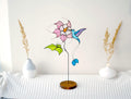 Stained glass hummingbird with clematis flower, suncatcher on wooden stand, Tiffany style table decor, Handmade Father's Day gift