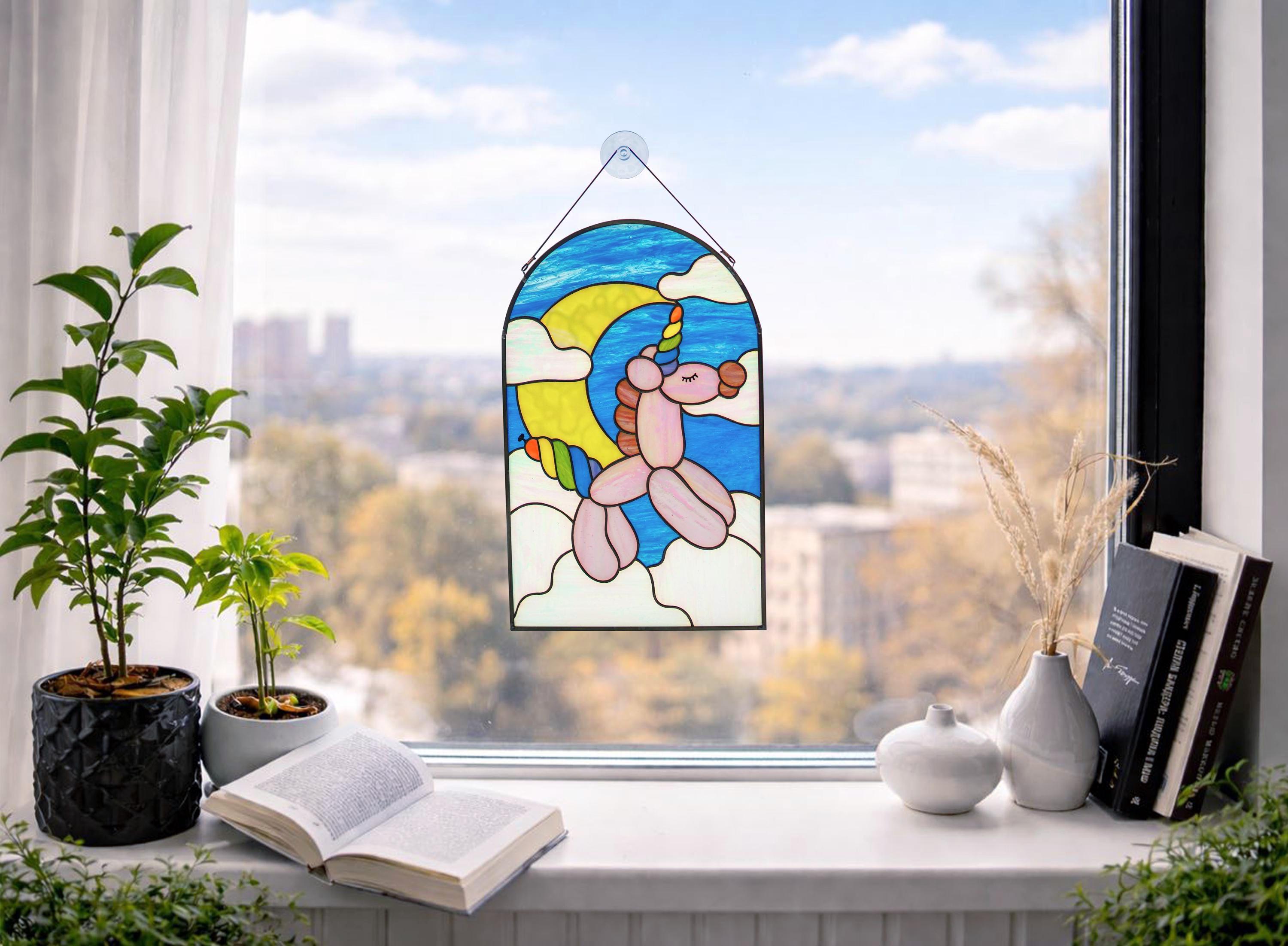 Rainbow Balloon Unicorn Stained Glass Panel 8.5x13.5, Unicorn Nursery Wall Art, Magical Suncatcher, Kids Room Decor, Baby Shower Gift