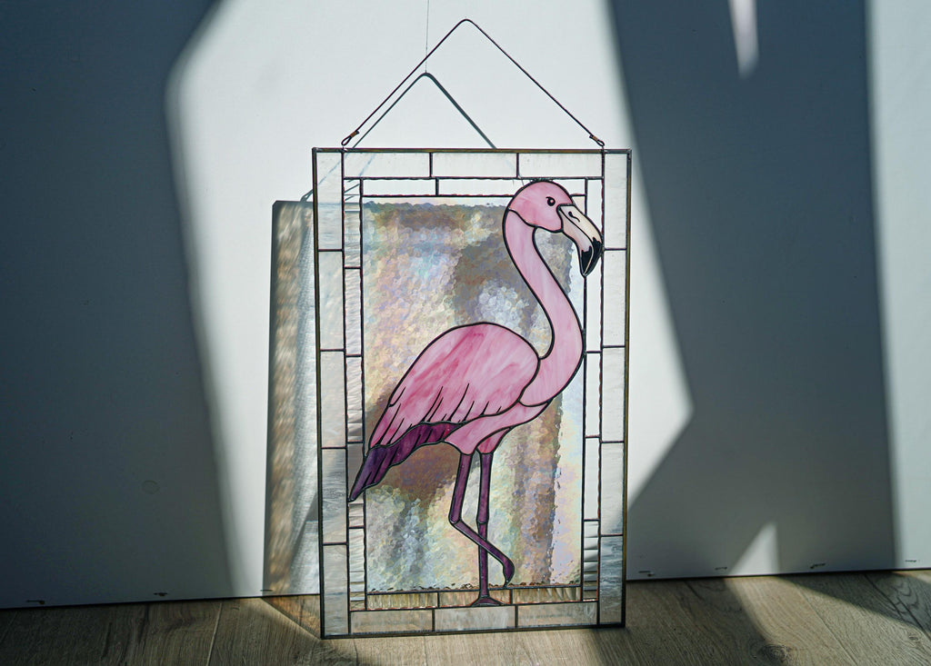 Pink Flamingo Stained Glass Window Panel, Handmade Suncatcher 17.5x11 In, Tropical Bird Beach House Decor Tiffany glass art