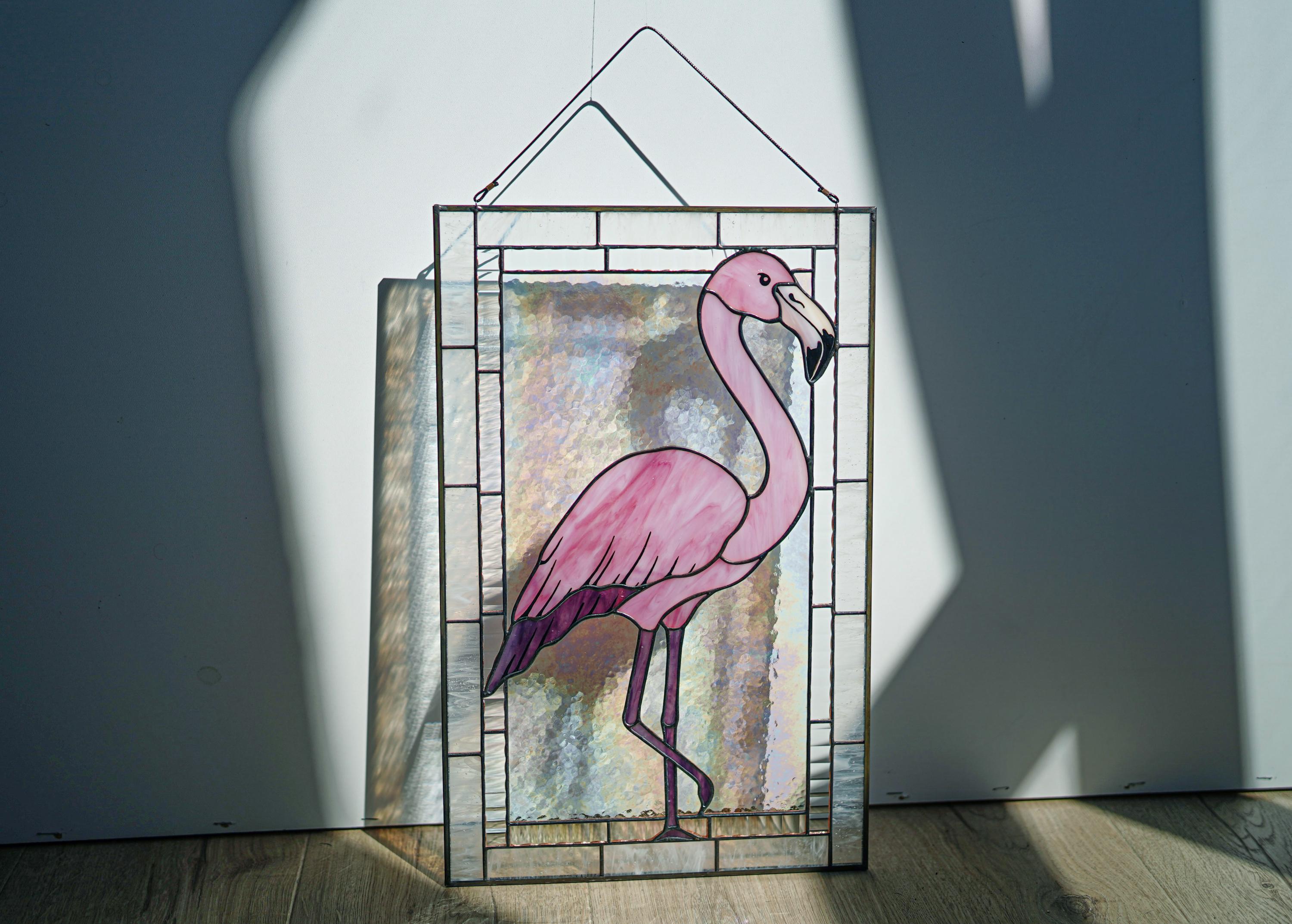 Pink Flamingo Stained Glass Window Panel, Handmade Suncatcher 17.5x11 In, Tropical Bird Beach House Decor Tiffany glass art