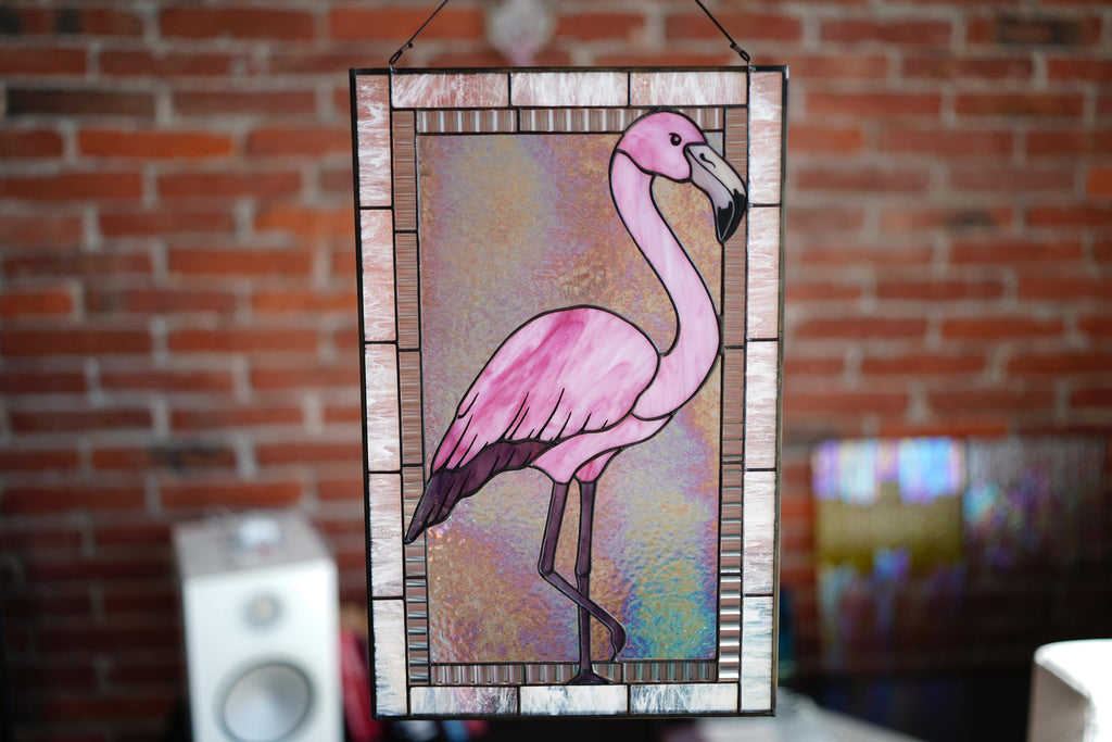 Pink Flamingo Stained Glass Window Panel, Handmade Suncatcher 17.5x11 In, Tropical Bird Beach House Decor Tiffany glass art