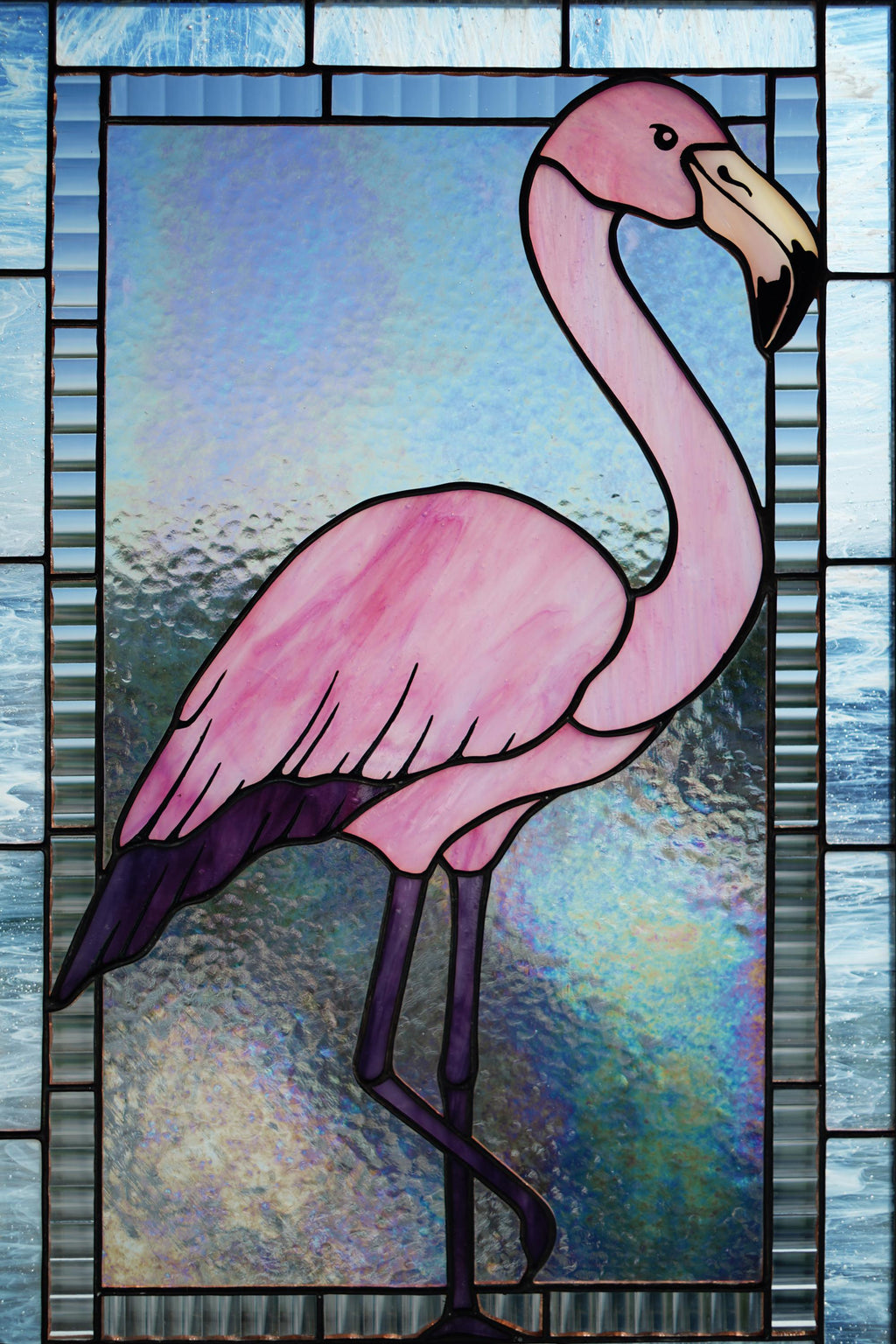 Pink Flamingo Stained Glass Window Panel, Handmade Suncatcher 17.5x11 In, Tropical Bird Beach House Decor Tiffany glass art