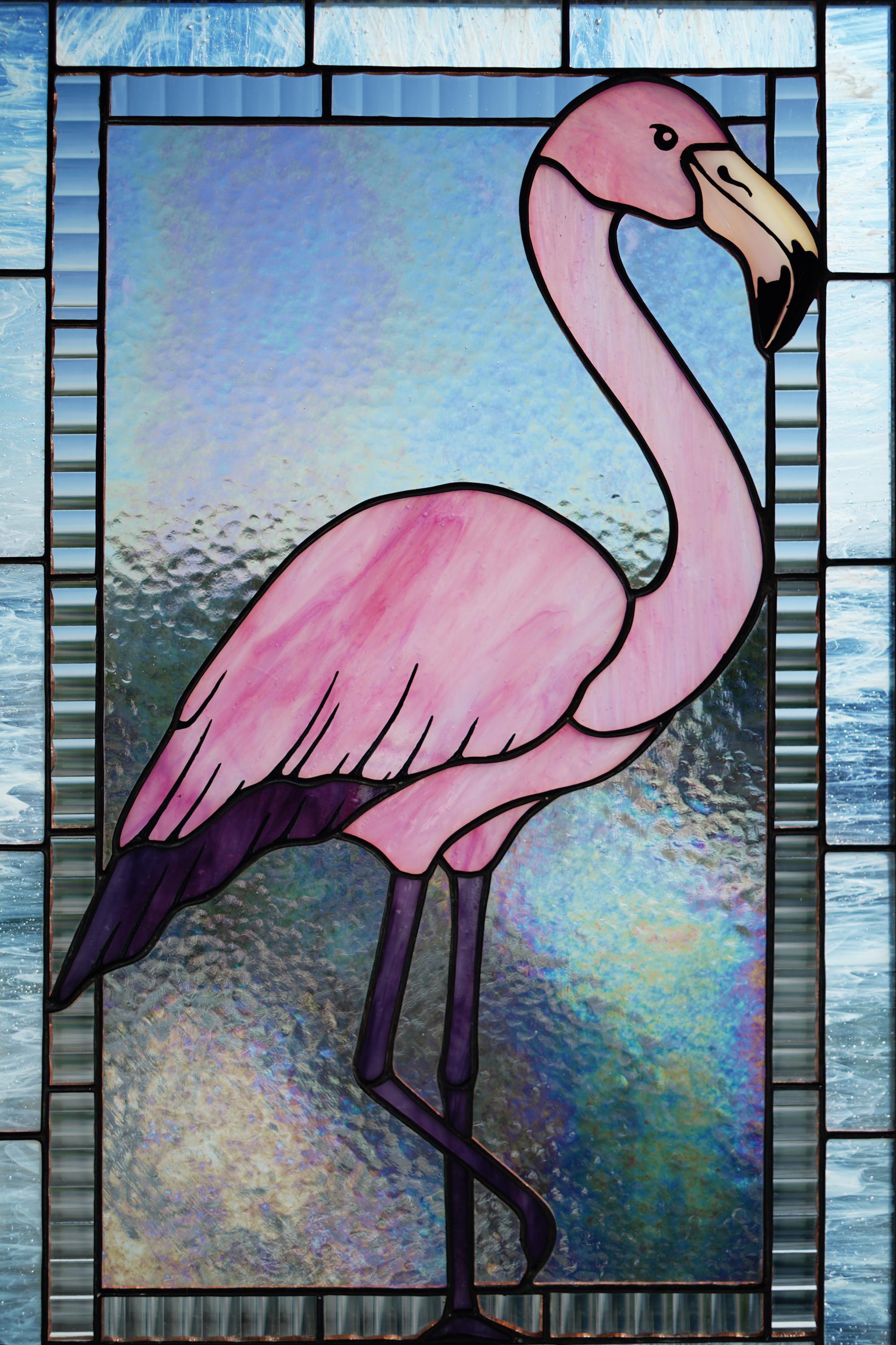Pink Flamingo Stained Glass Window Panel, Handmade Suncatcher 17.5x11 In, Tropical Bird Beach House Decor Tiffany glass art