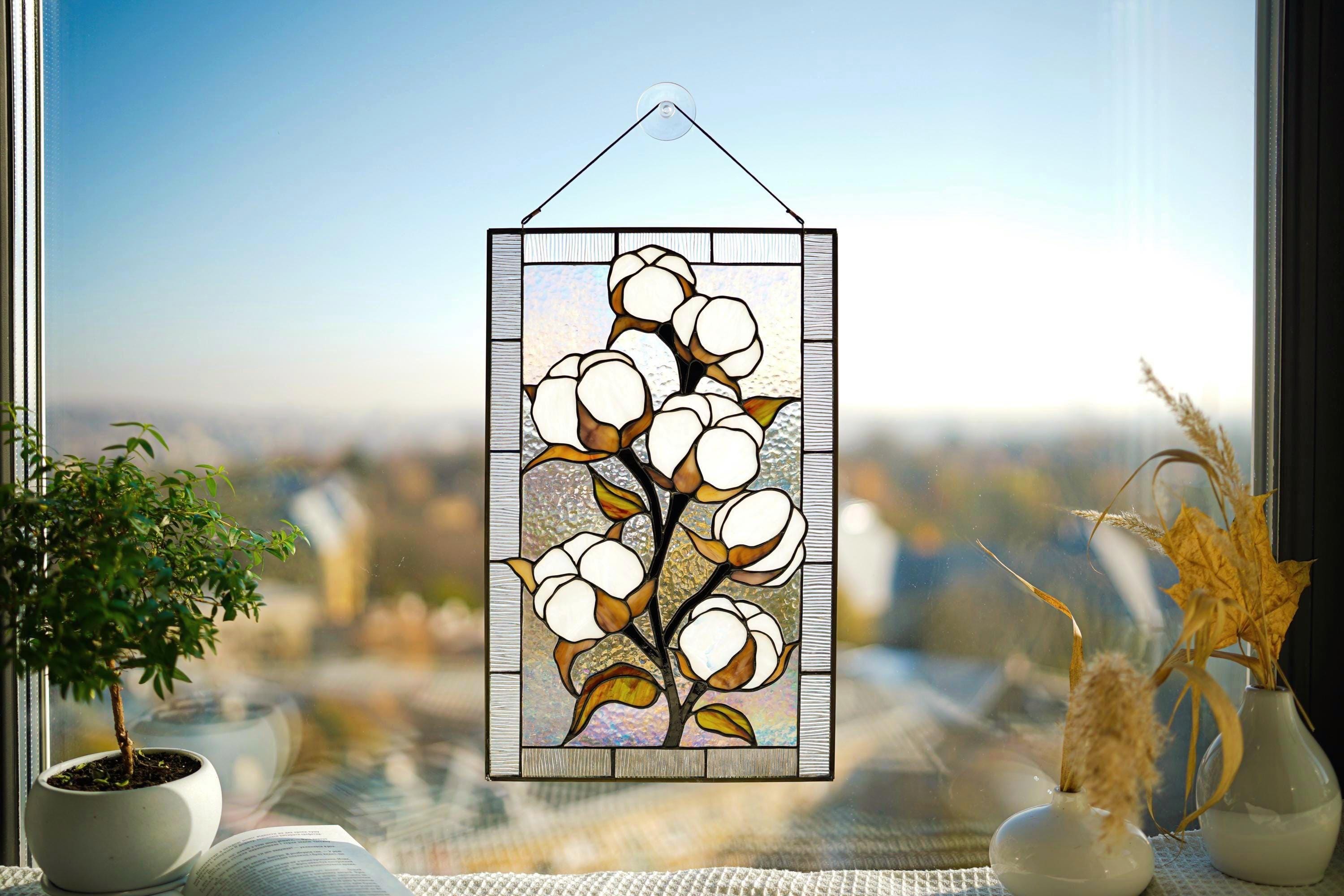 Cotton Flower Stained Glass Panel Window Hangings, Tiffany Style Suncatcher, White Floral Home Decor, Handmade Father's Day gift, Glass Art
