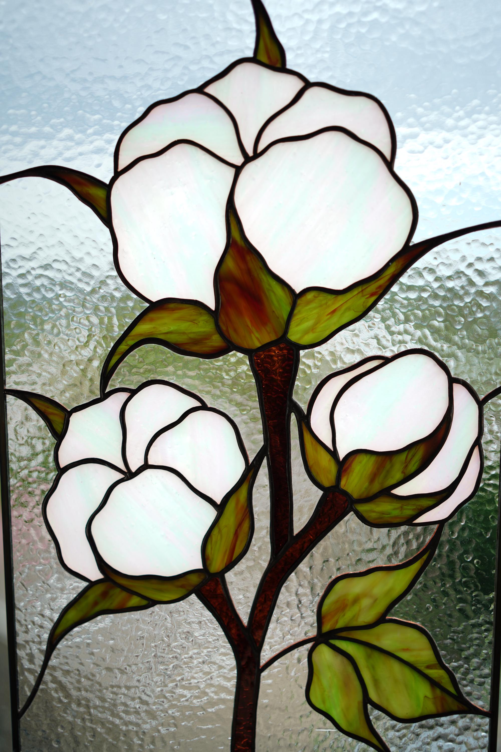 Cotton Boll Stained Glass Panel 10x15.5 In, Handmade Suncatcher, Farmhouse Tiffany Window Hangings