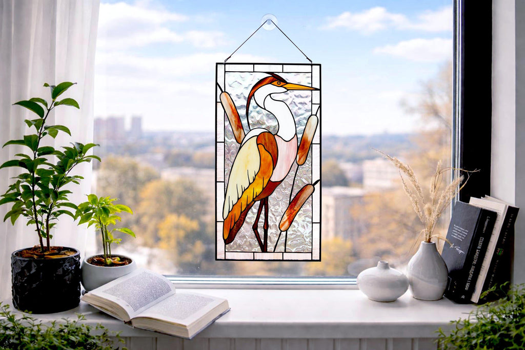 Heron Stained Glass Window Hanging 17.5x9.5 in, Blue Heron Suncatcher with Cattails, Handmade Panel, Coastal Decor, Father's Day Gift