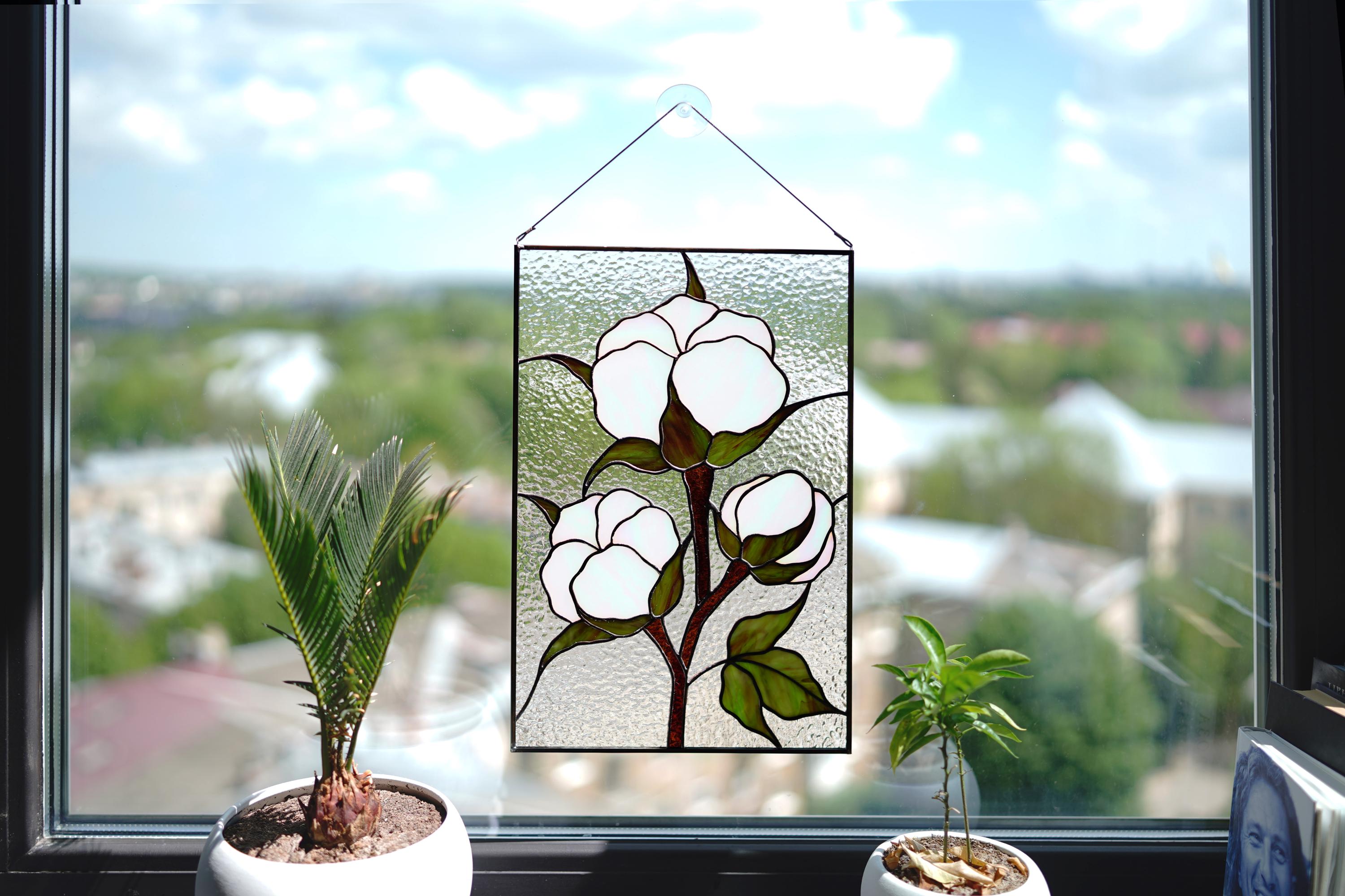 Cotton Boll Stained Glass Panel 10x15.5 In, Handmade Suncatcher, Farmhouse Tiffany Window Hangings
