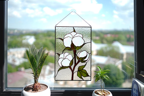 Cotton Boll Stained Glass Panel 10x15.5 In, Handmade Suncatcher, Farmhouse Tiffany Window Hangings