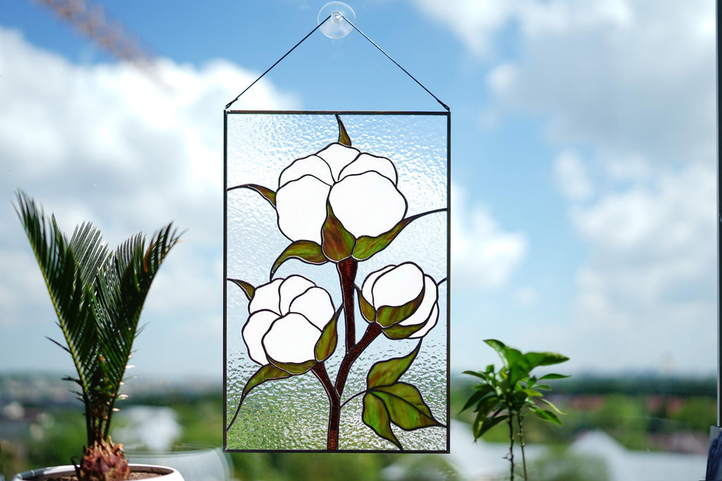 Cotton Boll Stained Glass Panel 10x15.5 In, Handmade Suncatcher, Farmhouse Tiffany Window Hangings