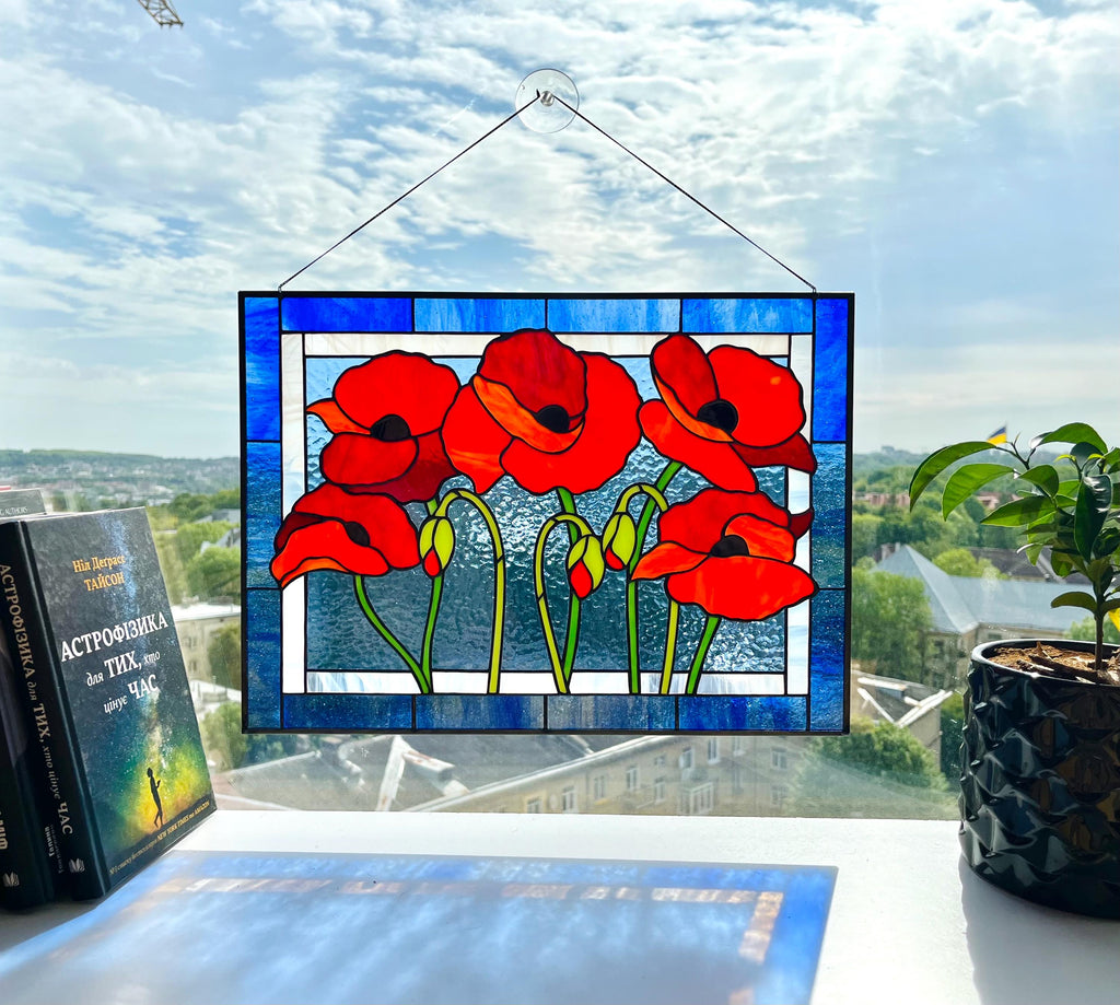 Red Poppy Stained Glass Panel 15x11.5 In, Handmade Suncatcher, Floral Tiffany Window Hanging, Home Decor Gift for Her