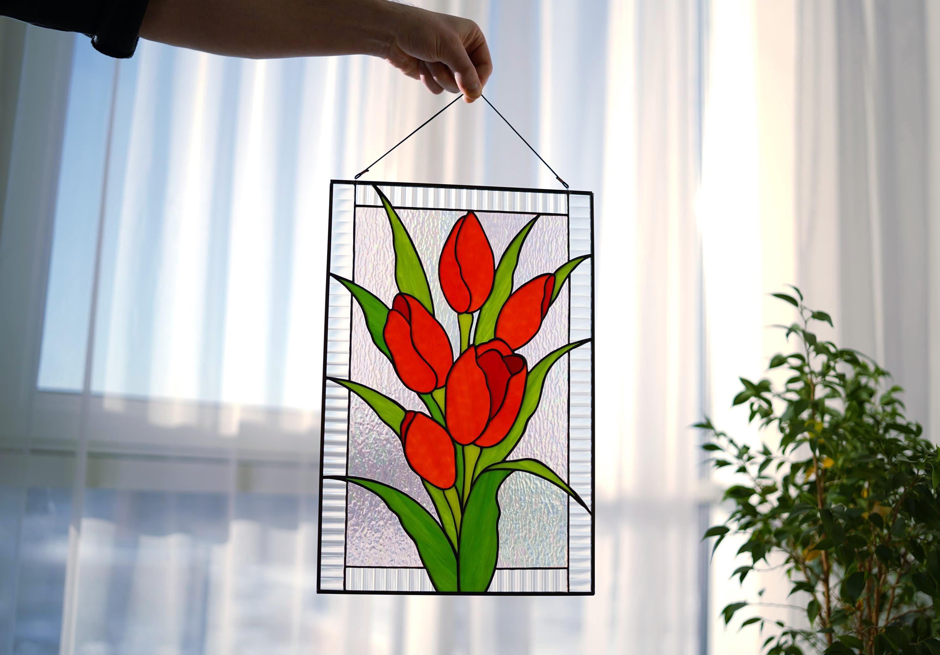 Handmade Stained Glass Panel Red Tulip, Flower Suncatcher, Floral Tiffany Window Hanging, Home Decor Gift for Her