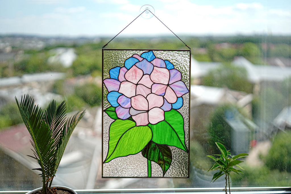 Hydrangea Stained Glass Panel 10x15,5 In. Handmade Suncatcher, Floral Tiffany Window Hangings 10x15.5 In, Home Decor Gift