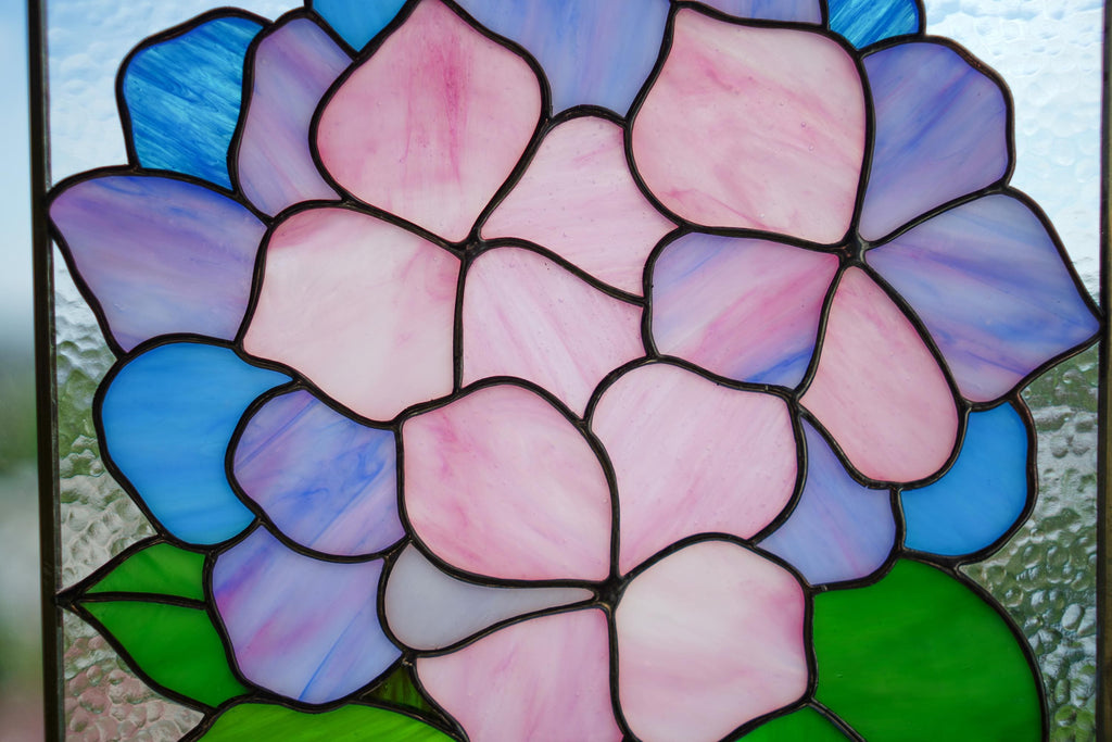 Hydrangea Stained Glass Panel 10x15,5 In. Handmade Suncatcher, Floral Tiffany Window Hangings 10x15.5 In, Home Decor Gift