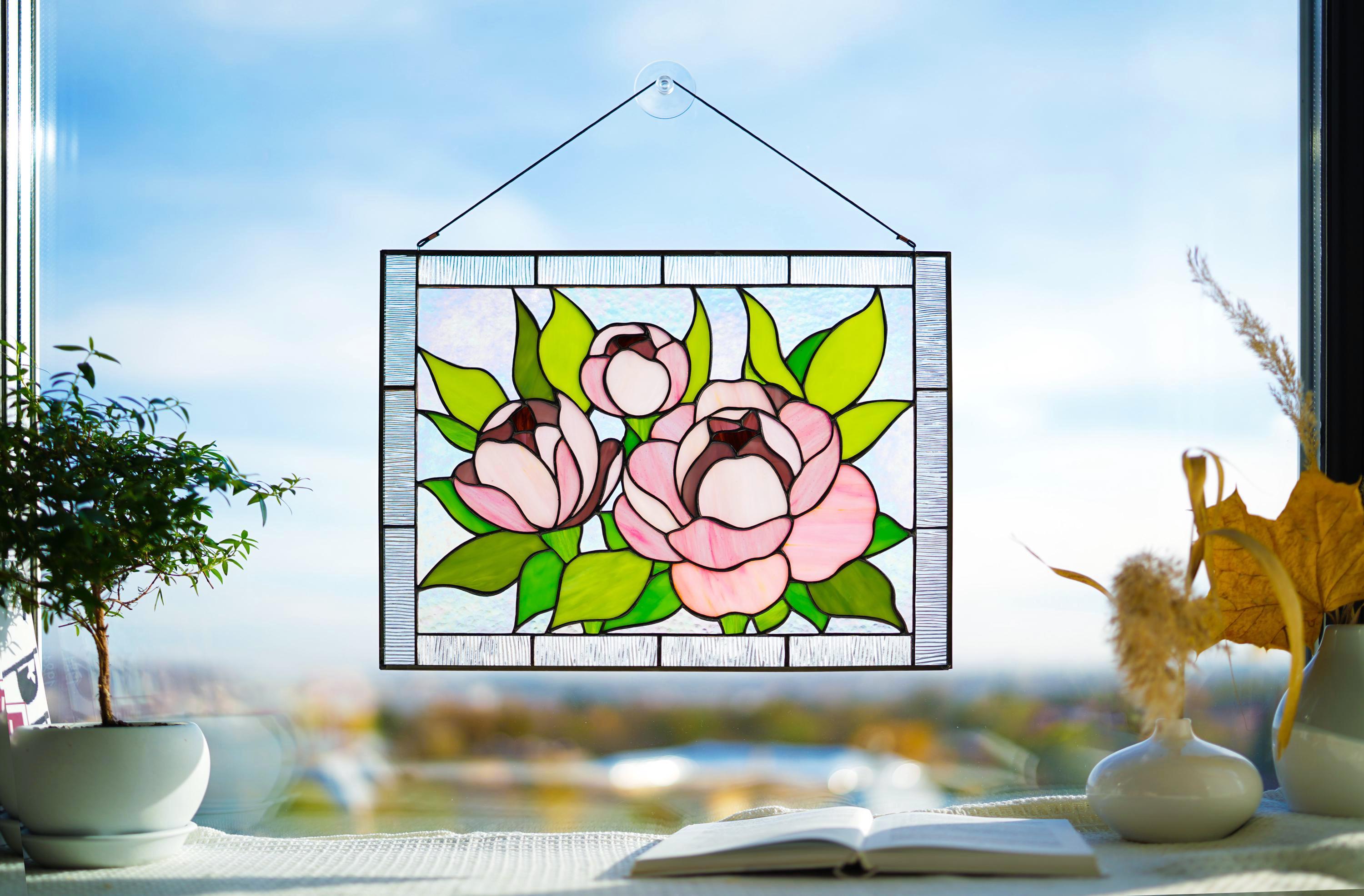 Pink Peony Stained Glass Panel, Handmade Floral Window Hangings 11.5x15.5 In, Unique Gift for Mom, Custom Stained Glass Art