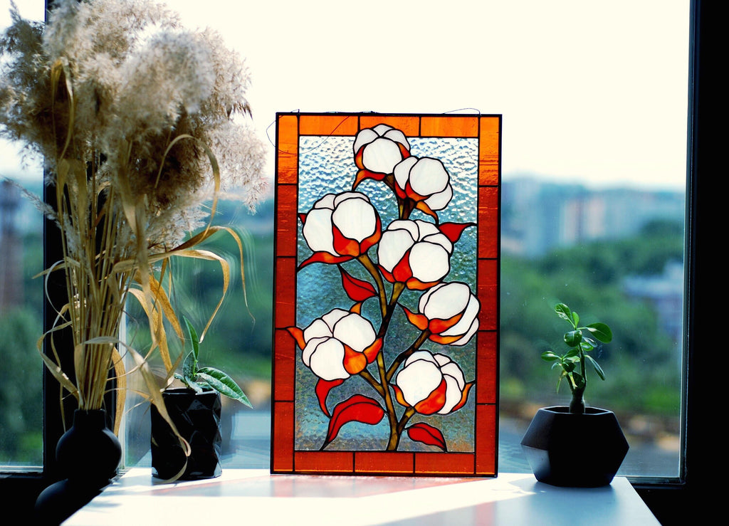 Cotton Stained glass window panel 11 x 16.5 in. Handmade personalized gift, Custom  Tiffany glass art, Modern stained glass window hangings