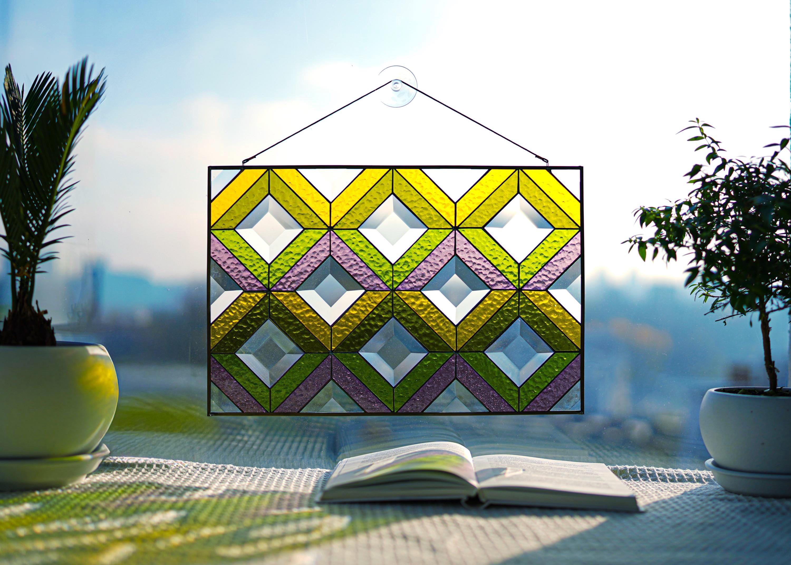 Geometric Stained Glass Panel 15 x 10 inches – Modern Abstract Suncatcher, Tiffany Glass Art, Window Hangings, Handmade Mother’s Day gift