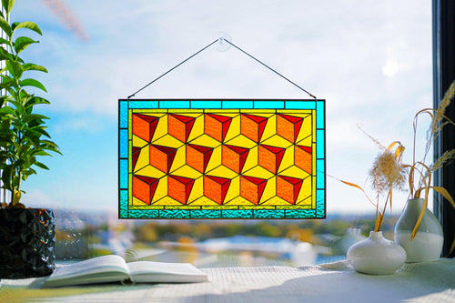 Geometric Stained Glass Window Panel 10 × 17 in. Custom Suncatcher: Modern Abstract Window Hangings, Mother’s Day gift, Tiffany Glass Art