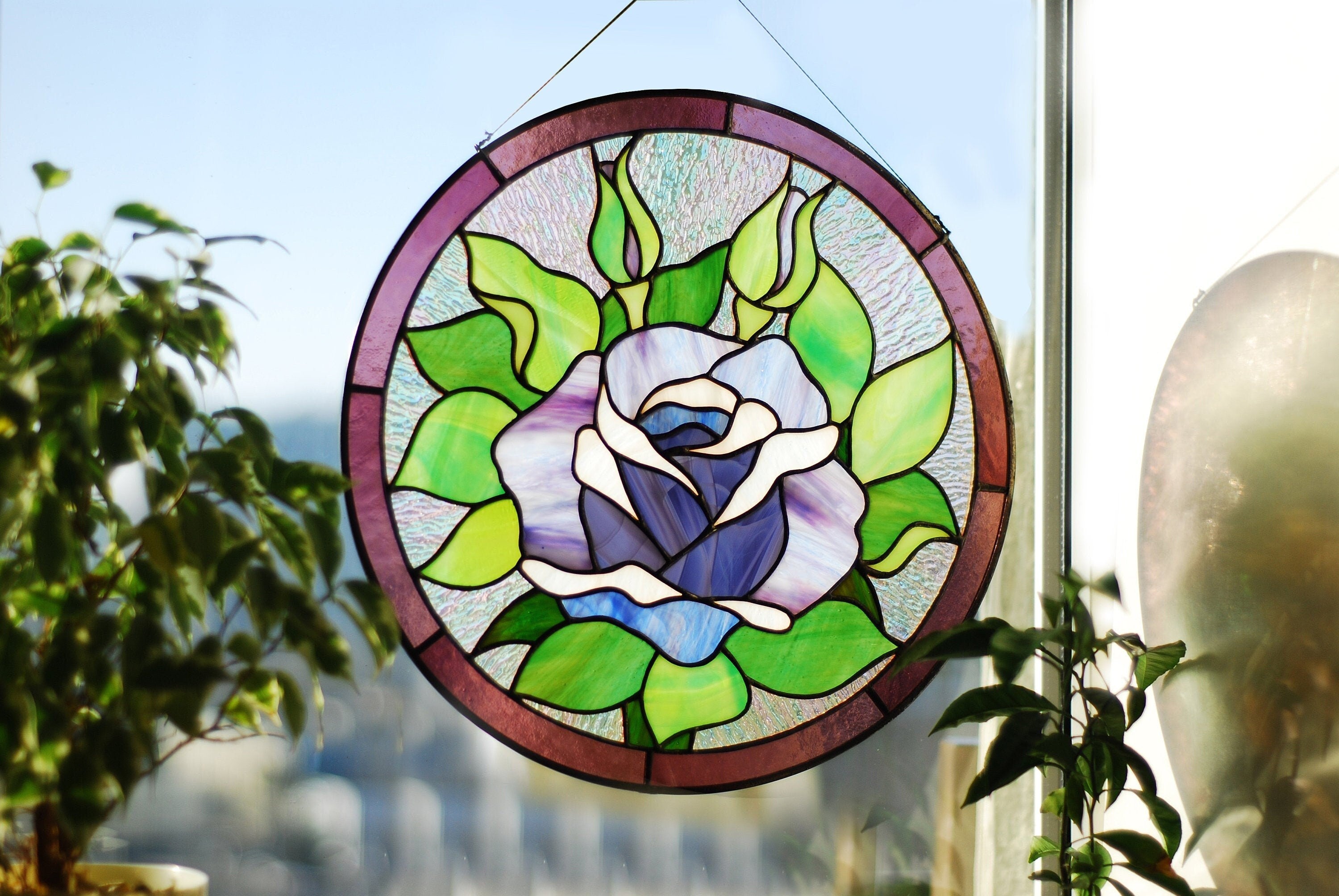 Round Stained Glass Panel Purple Roses, Window hangings Stained glass sun catcher Stained glass decor Mother’s Day gift