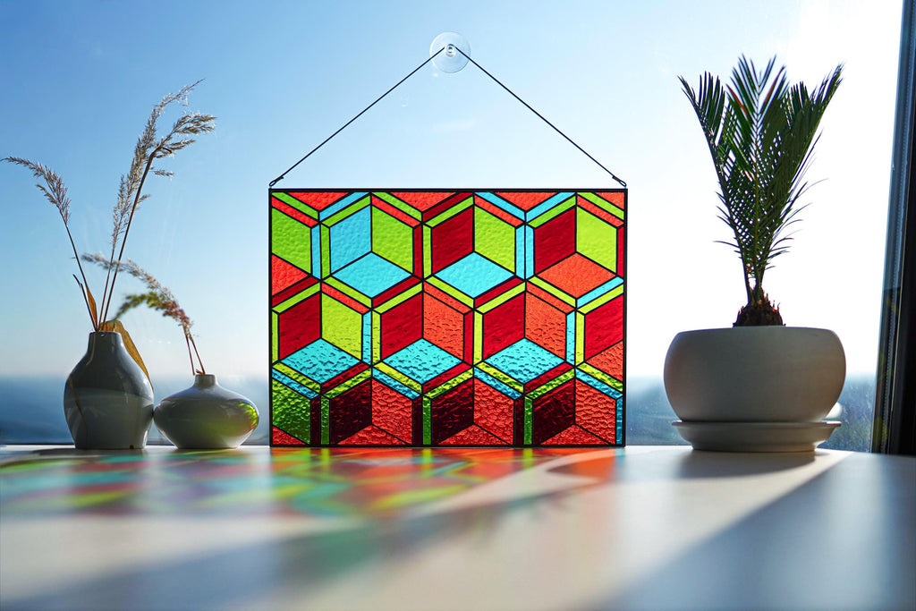 Cube Stained Glass Panel 15.5x11.5", Geometric Sun-catcher, Modern Window Hanging