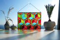 Cube Stained Glass Panel 15.5x11.5", Geometric Sun-catcher, Modern Window Hanging