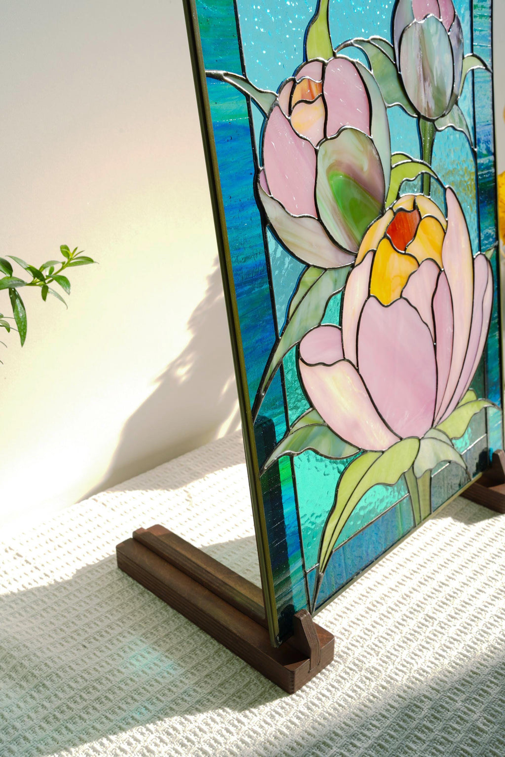 Tiffany Stained Glass Peony Panel, Floral Suncatcher with Wooden Stand