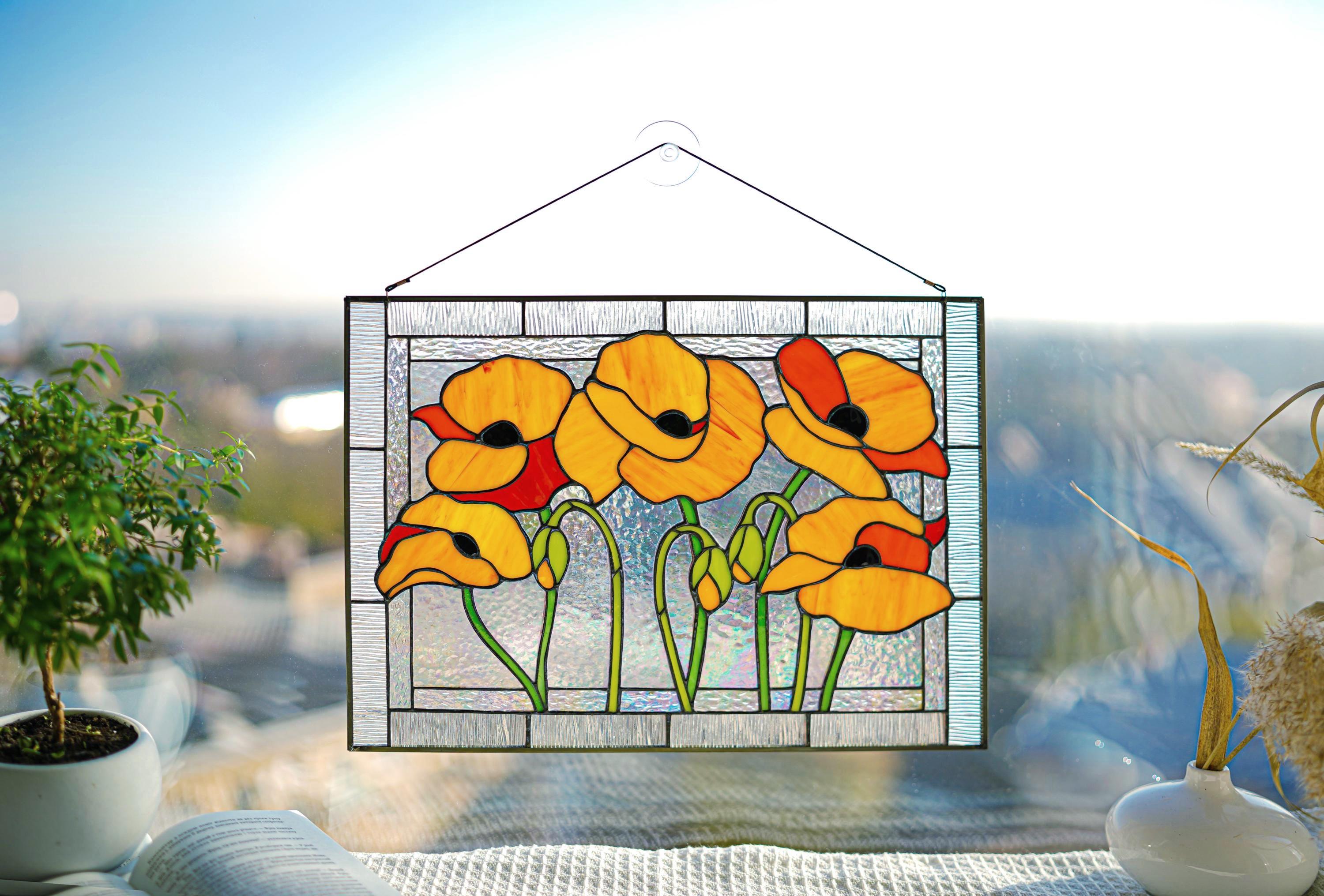 Stained Glass Orange Poppy Panel 15x11 Inch, Handmade California Poppy Window Hanging, Floral Wall Art, Tiffany Technique, Mothers Day Gift