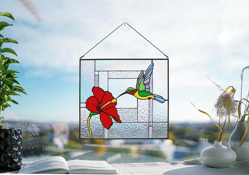 Stained glass panel, hummingbird and Red hibiscus flower, Tiffany suncatcher, Personalized gift, Handmade window panel 12x11 in. Glass art