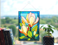 Orange Magnolia Stained Glass Window Panel, 14.5 x 10.5 inch. Suncatcher: Floral Window Hangings, Handmade Home decor, Tiffany Glass Art