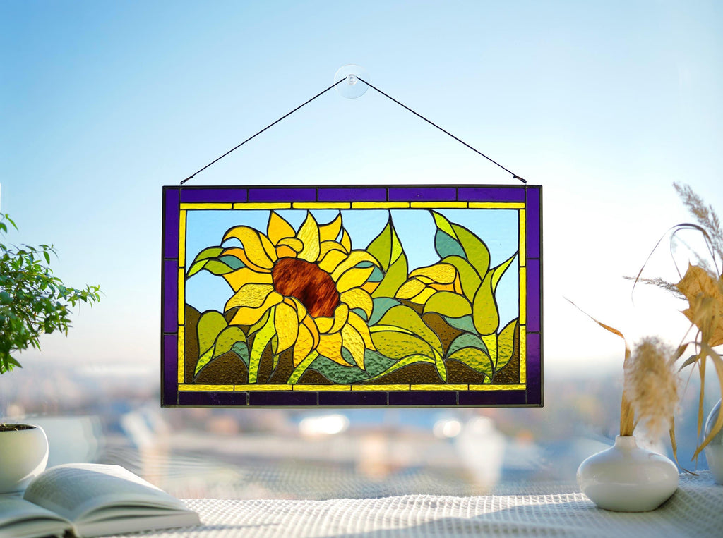 Stained glass panel Sunflower, window hangings Stained glass suncatchers Yellow flower decor Large stained glass, Handmade personalized gift