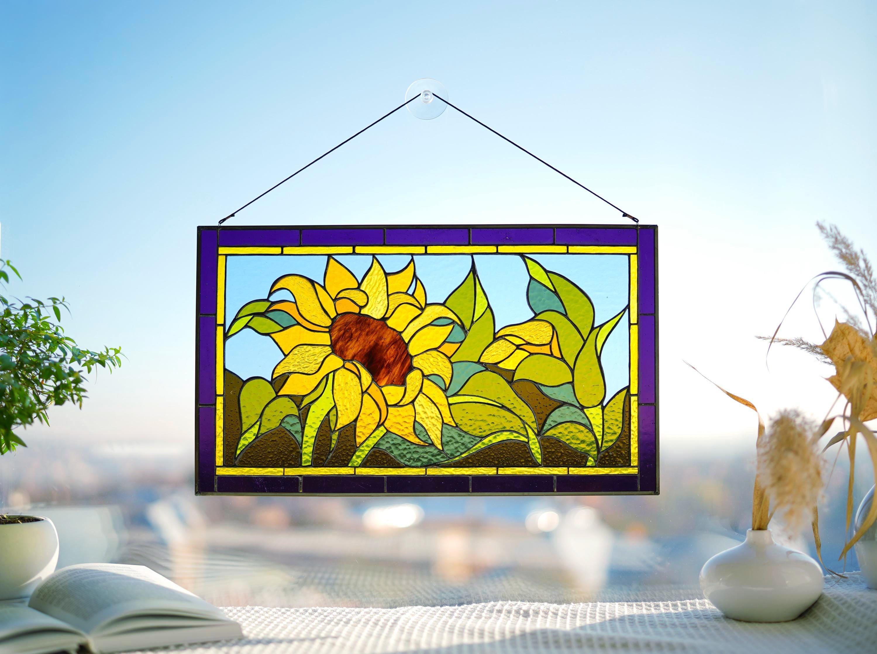Stained glass panel Sunflower, window hangings Stained glass suncatchers Yellow flower decor Large stained glass, Handmade personalized gift