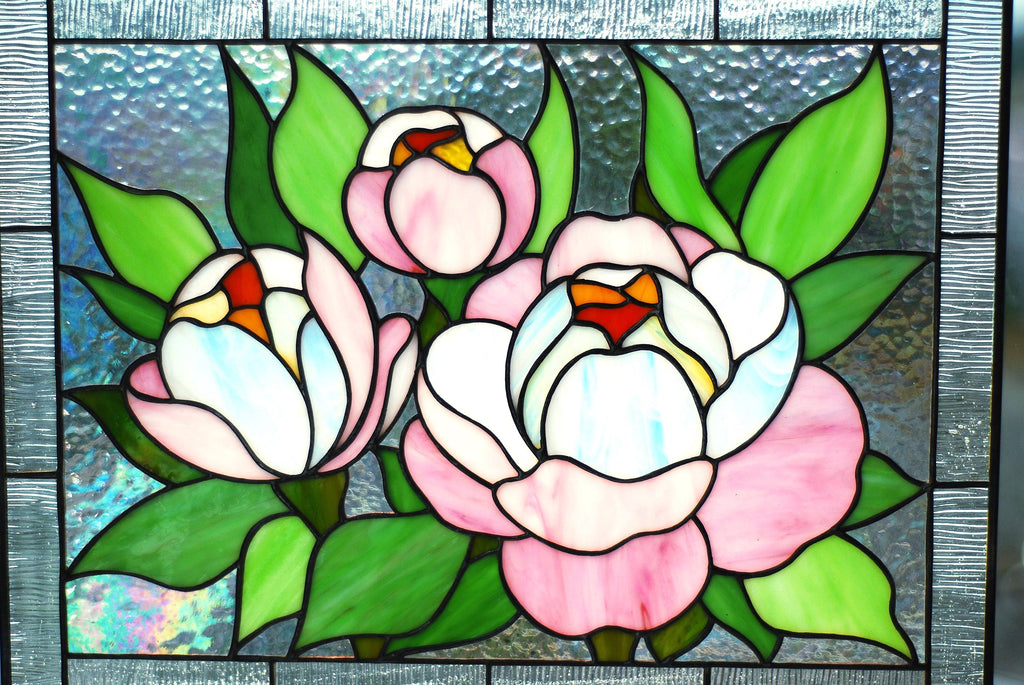 Peonies Stained Glass Window Hanging 15.5x11.5 in, Floral Panel Suncatcher, Pink Flower Home Decor, Botanical Wall Art, Handcrafted Gift
