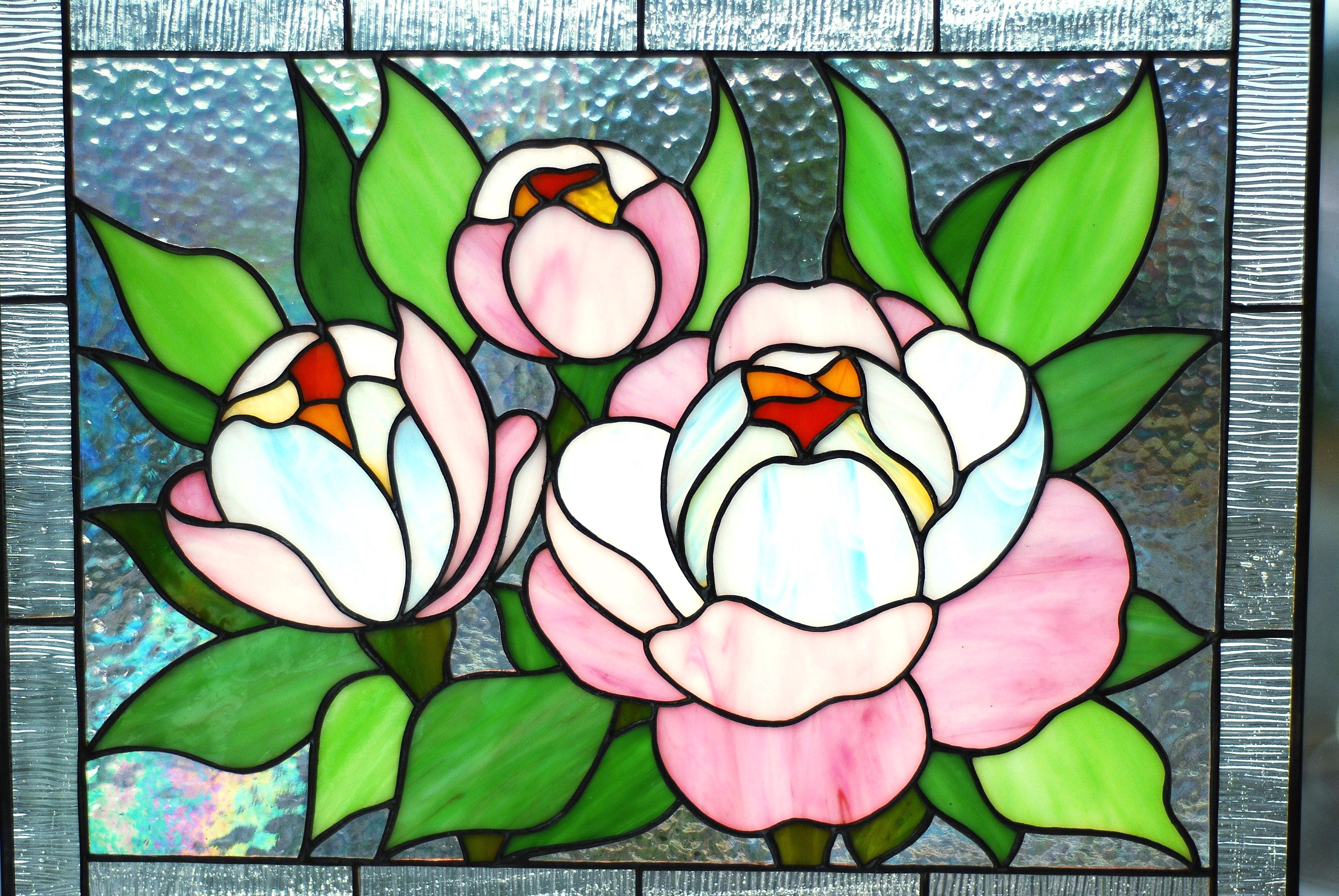 Peonies Stained Glass Window Hanging 15.5x11.5 in, Floral Panel Suncatcher, Pink Flower Home Decor, Botanical Wall Art, Handcrafted Gift