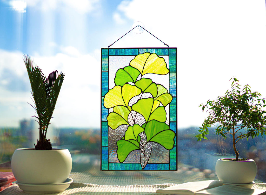 Stained Glass Ginkgo Biloba Panel 10x16 in. Botanical Window Hangings, Green Leaf Suncatcher, Handmade Personalized gift, Tiffany Glass Art