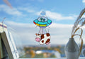 UFO Cow Abduction Stained Glass Suncatcher, Alien Spaceship Window Hanging, Funny Sci-Fi Home Decor, Quirky Glass Art Gift