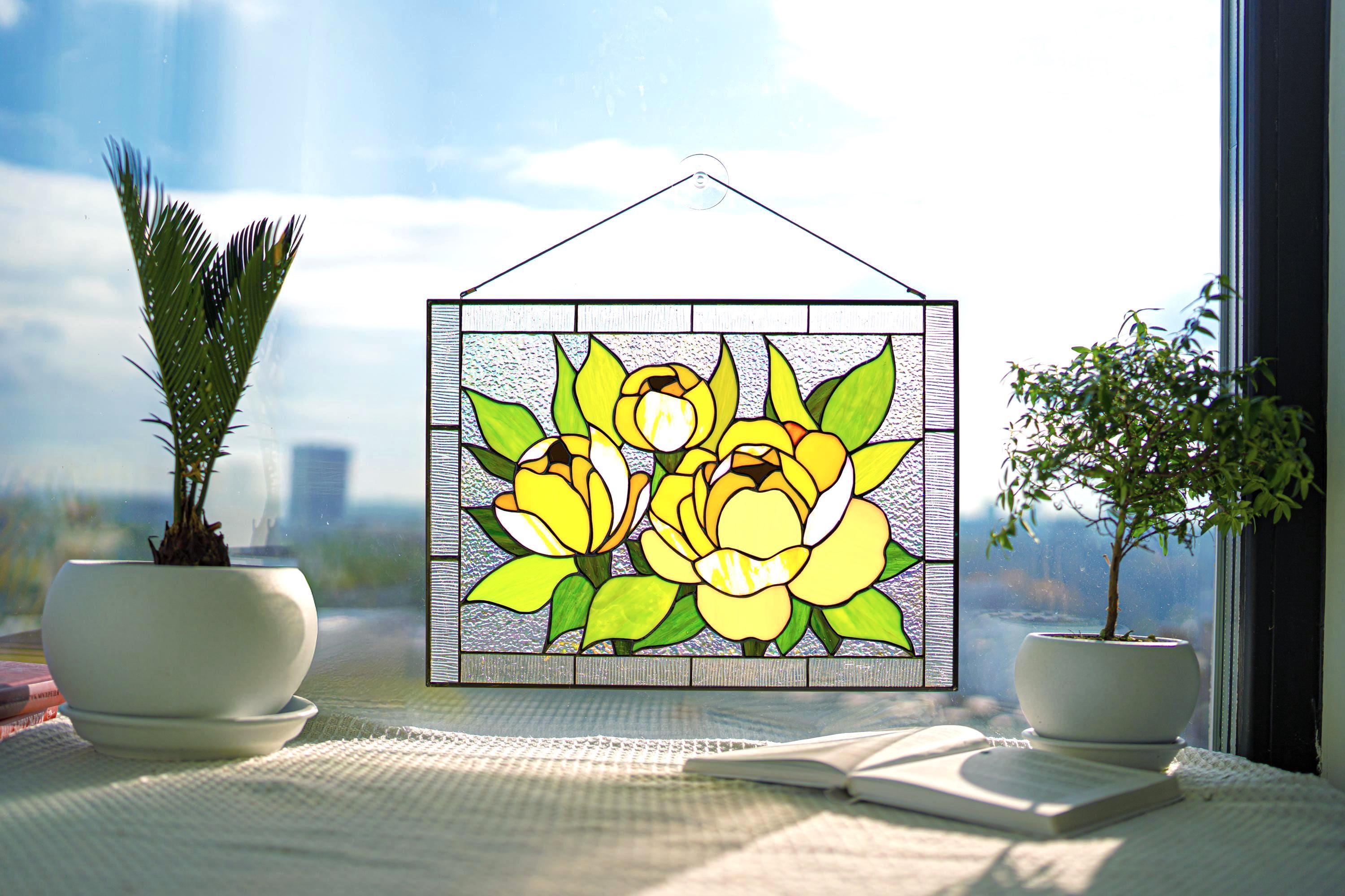 Stained glass panel Peony, Yellow flowers window hangings, Suncatcher, Stained glass decor, Large Tiffany glass art, Personalized gift