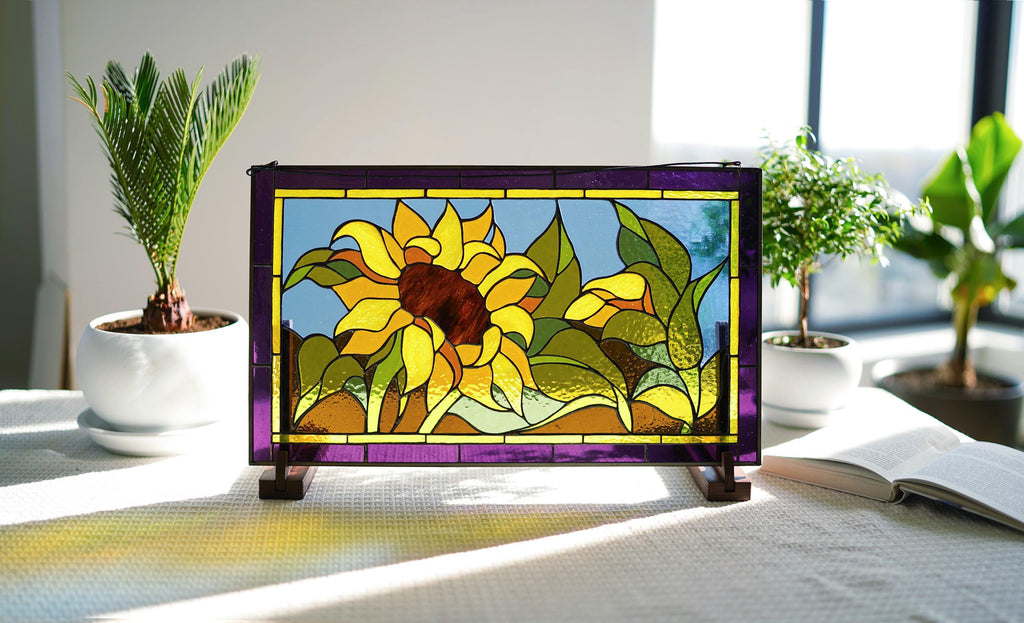 Tiffany Stained Glass Sunflower Panel: Floral Suncatcher with Wooden Stand