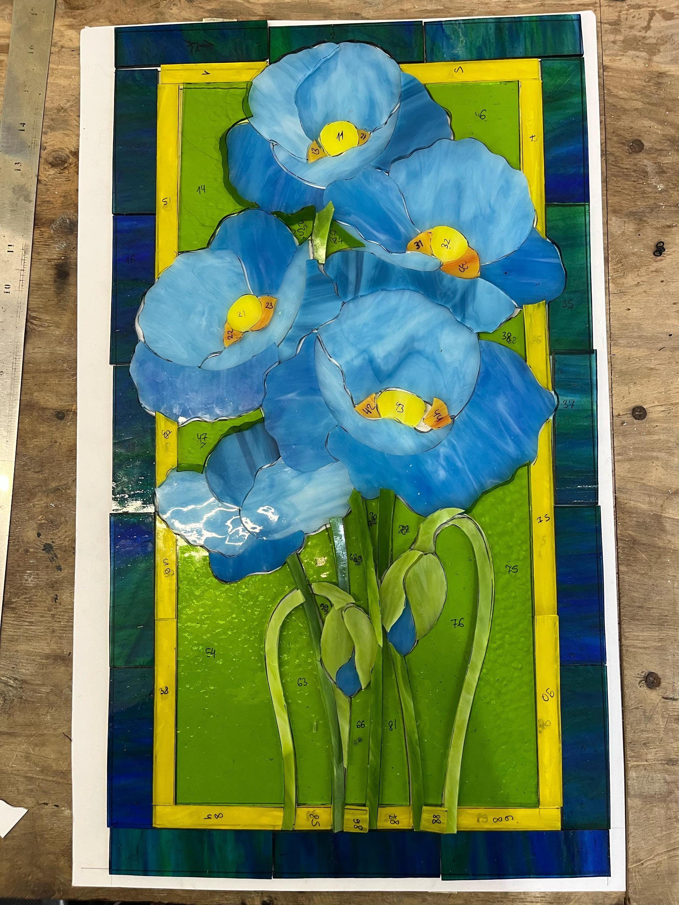 Stained Glass Window Panel Blue Poppy 20x11.5 in. Tiffany Style Sun catcher Window Hangings Glass Art. Handmade Personalized gift