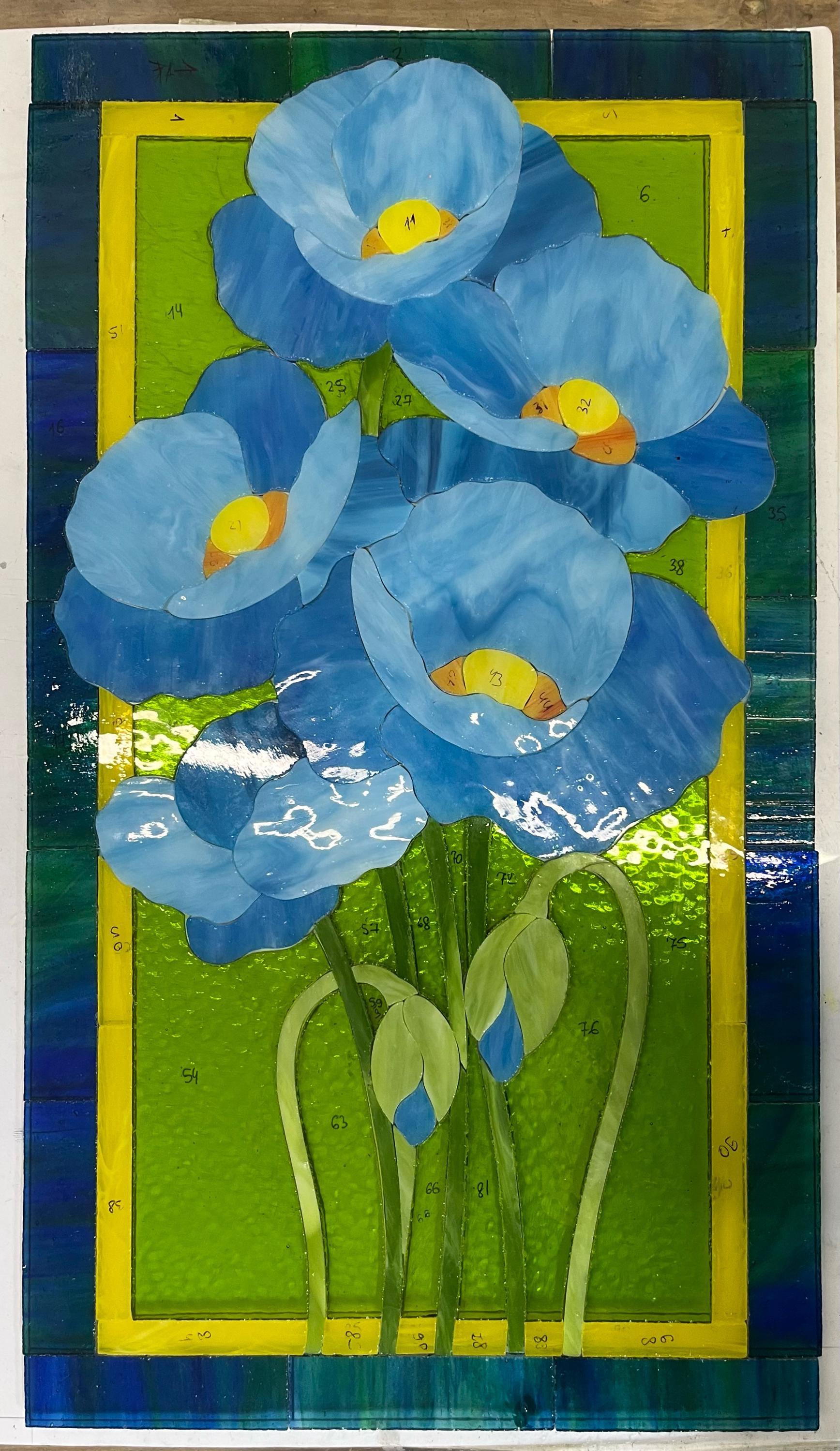 Stained Glass Window Panel Blue Poppy 20x11.5 in. Tiffany Style Sun catcher Window Hangings Glass Art. Handmade Personalized gift