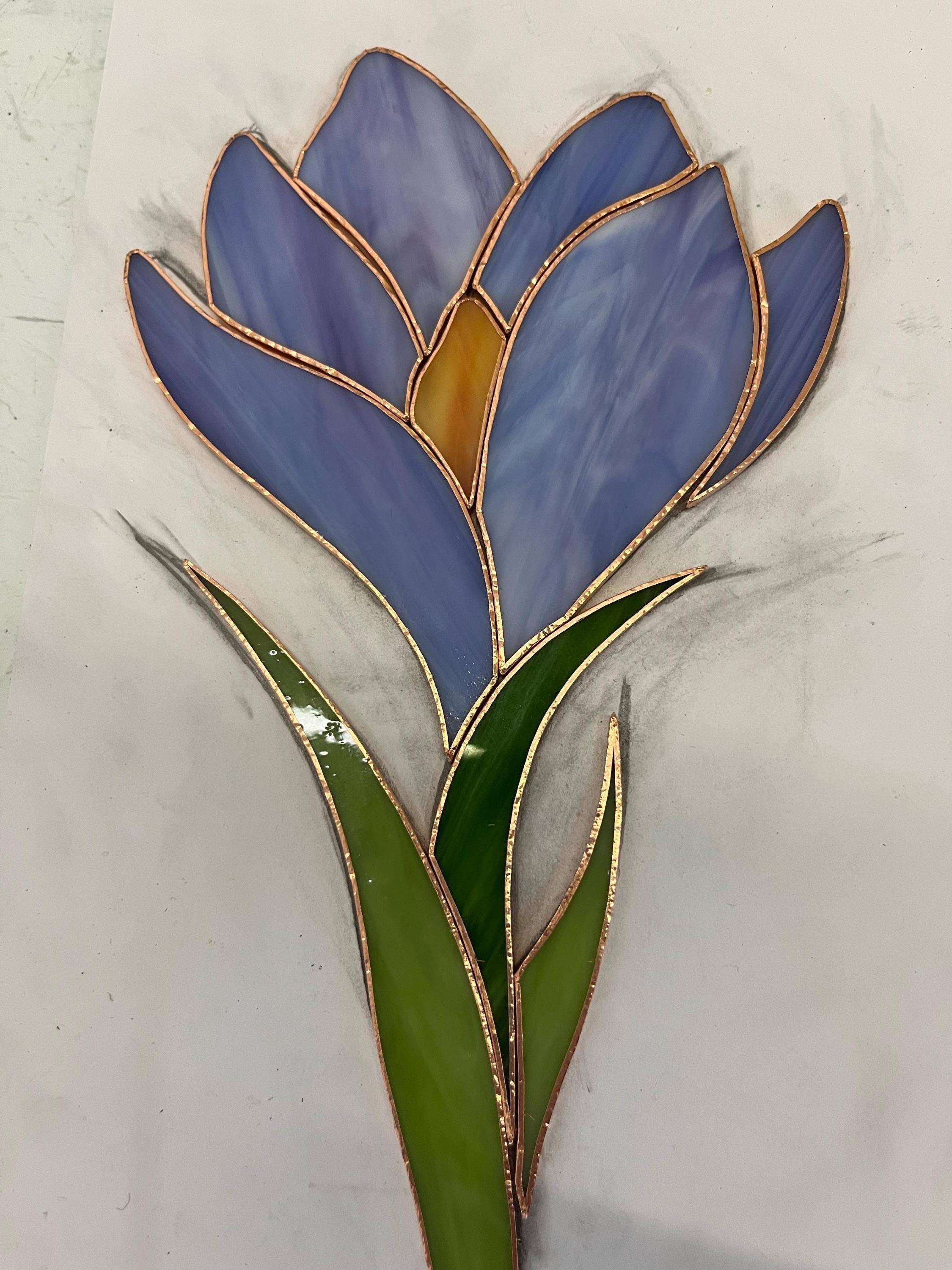 Stained Glass Crocus Flower 9x5.5 inch Suncatcher on Wooden Stand Table Ornament, Handmade Personalized gift, Tiffany Glass Art