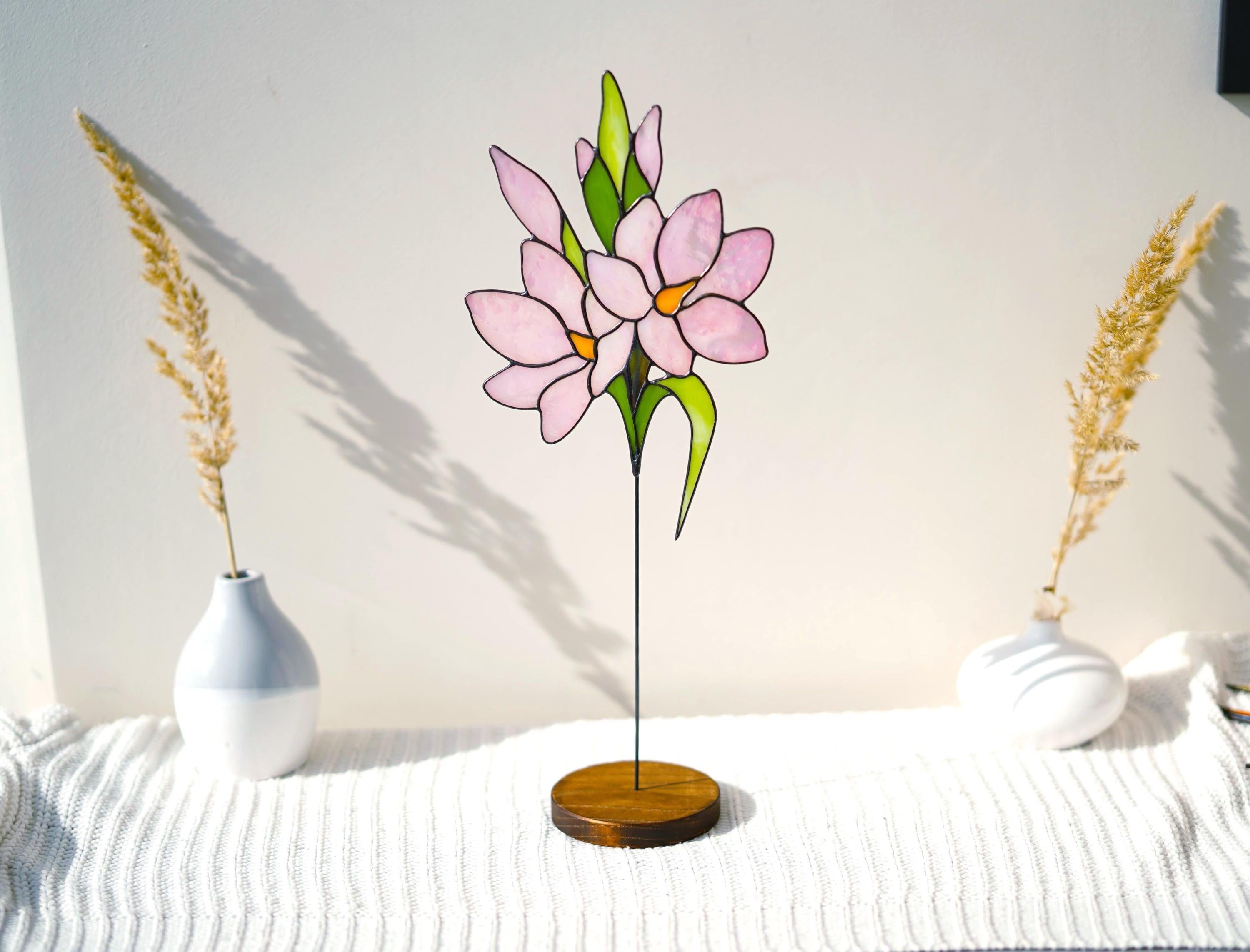 Stained Glass Pink Flowers on Wooden Stand, Tiffany Style Floral Suncatcher, Handmade Personalized gift, Glass Art, Table Windowsill decor