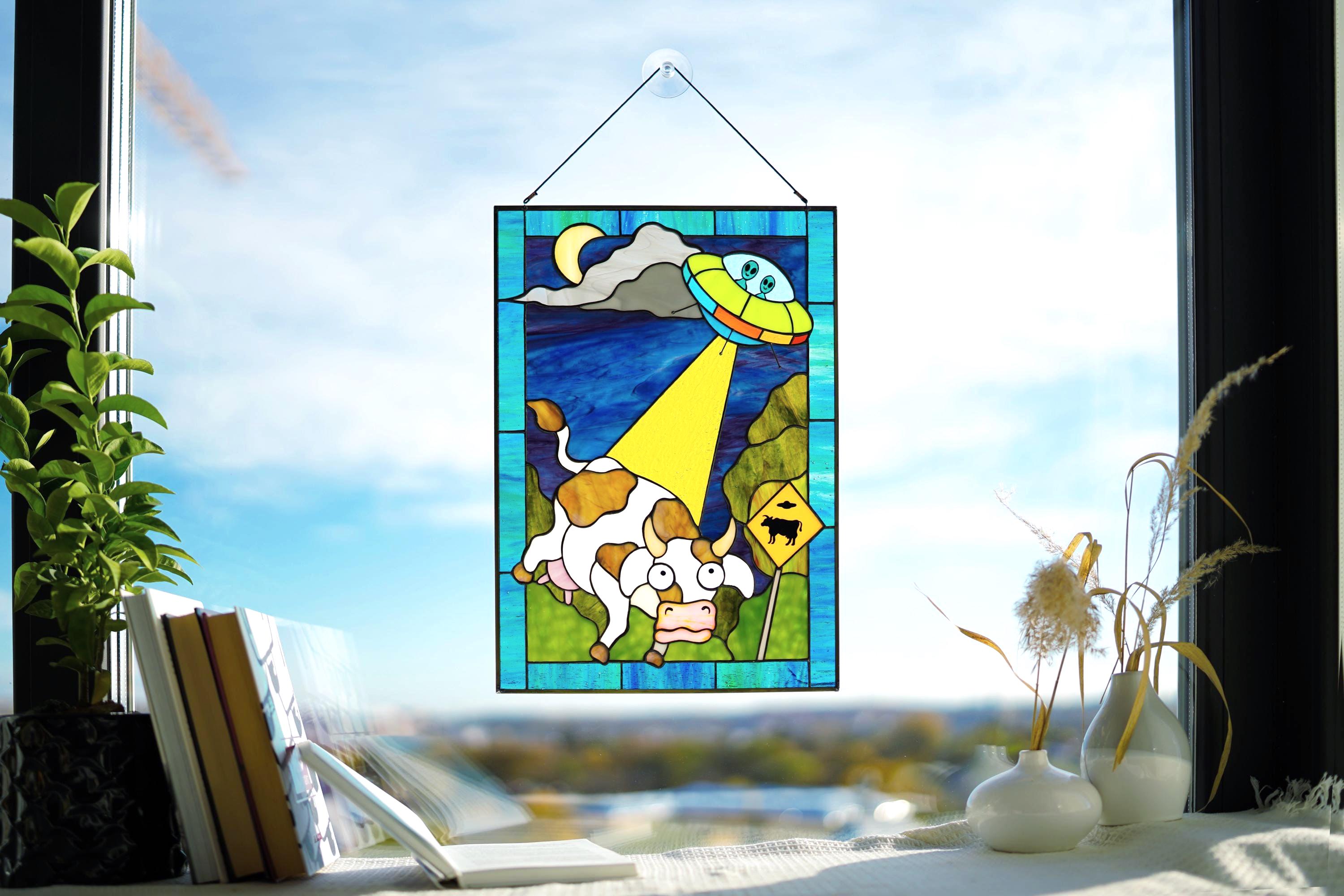 Alien Abduction Stained Glass Window Panel, Handmade Suncatcher, UFO Cow Window Hangings Father's Day gift, Tiffany Glass Art