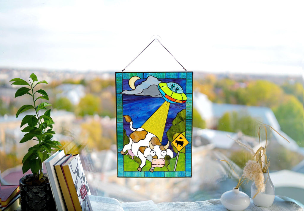 Alien Abduction Stained Glass Window Panel, Handmade Suncatcher, UFO Cow Window Hangings Father's Day gift, Tiffany Glass Art
