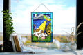 Alien Abduction Stained Glass Window Panel, Handmade Suncatcher, UFO Cow Window Hangings Father's Day gift, Tiffany Glass Art