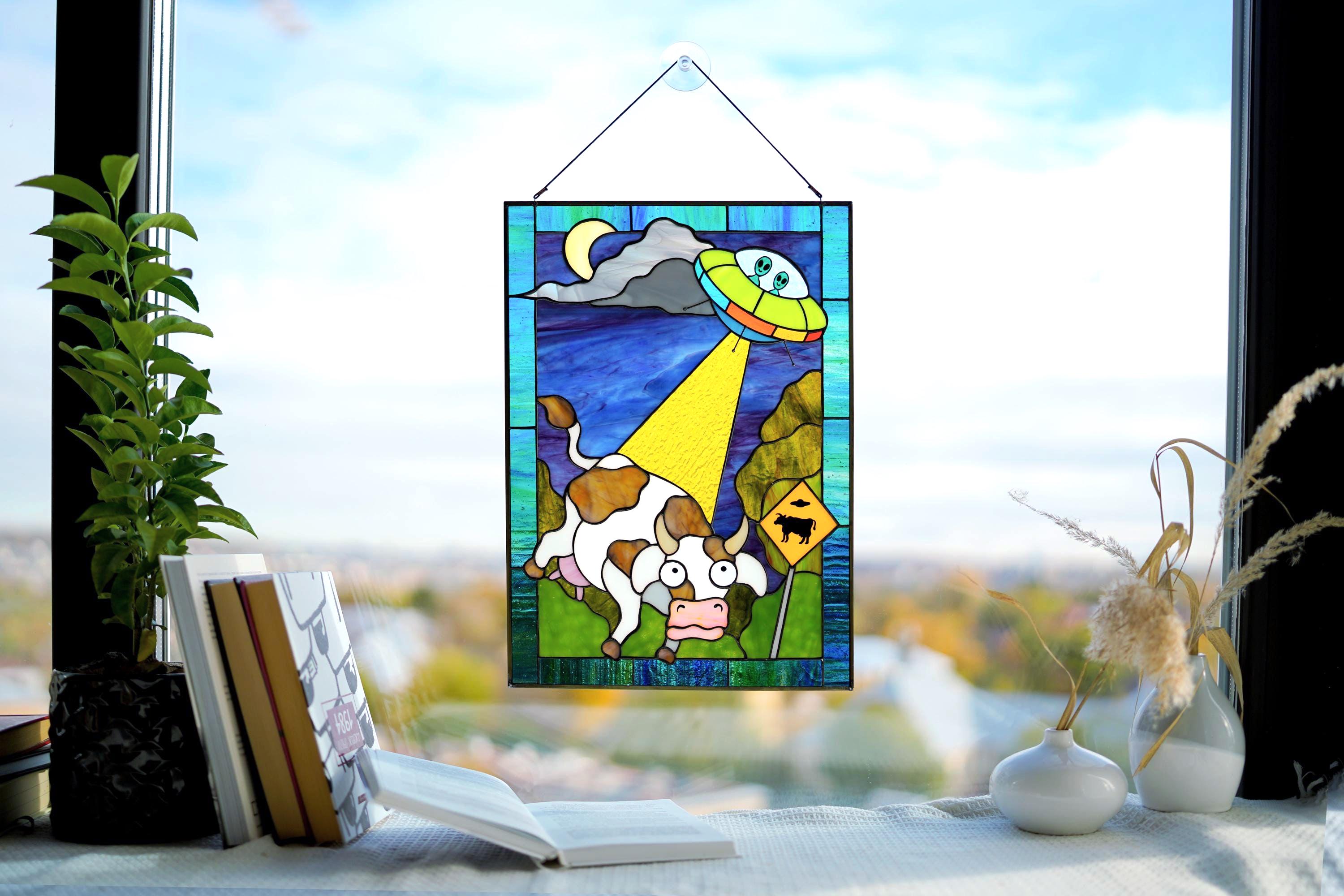 Alien Abduction Stained Glass Window Panel, Handmade Suncatcher, UFO Cow Window Hangings Father's Day gift, Tiffany Glass Art