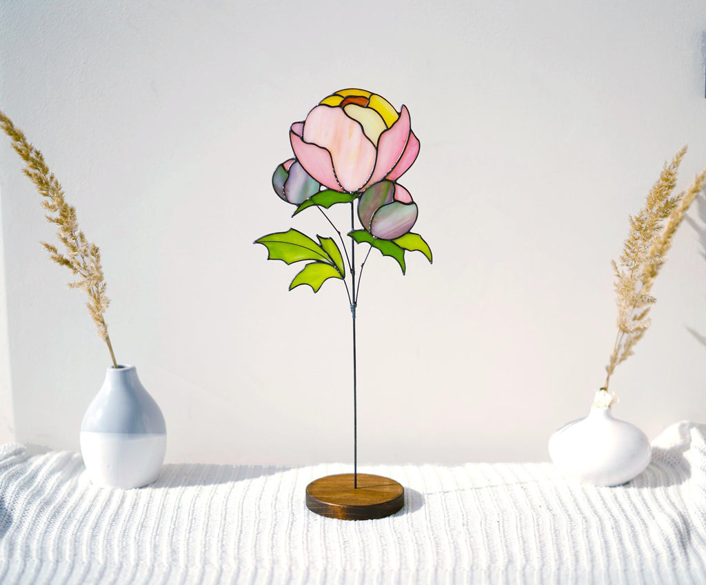 Stained glass peony flower suncatcher on wooden stand, 16x7 in. Tiffany glass sculpture for table or windowsill, Handmade Personalized gift