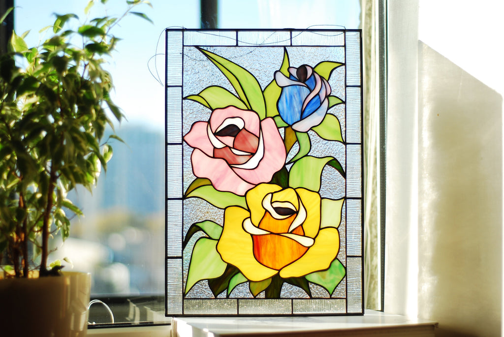 Stained glass window panel multicolored roses, Handmade sun catcher, Personalized gift, Window hangings, Tiffany glass art