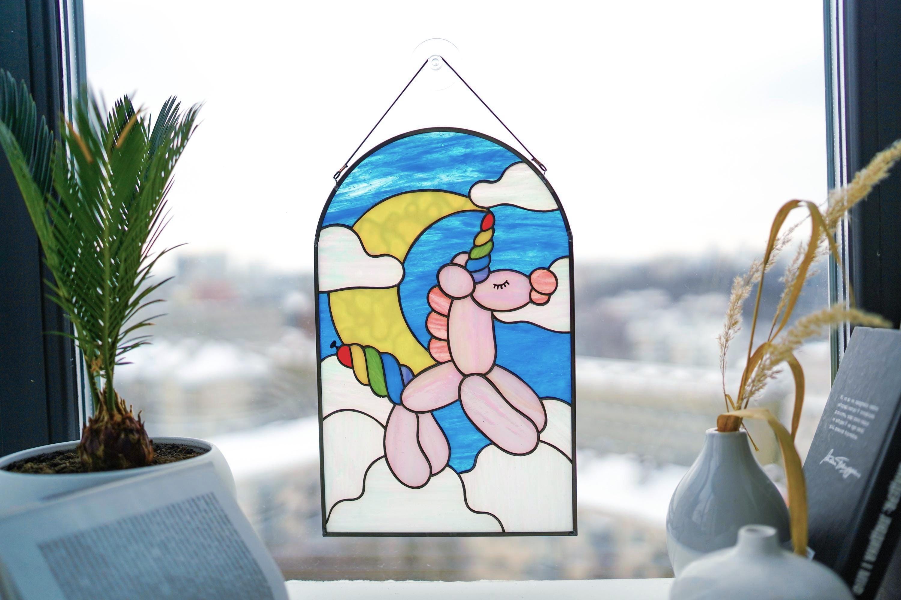 Rainbow Balloon Unicorn Stained Glass Panel 8.5x13.5, Unicorn Nursery Wall Art, Magical Suncatcher, Kids Room Decor, Baby Shower Gift