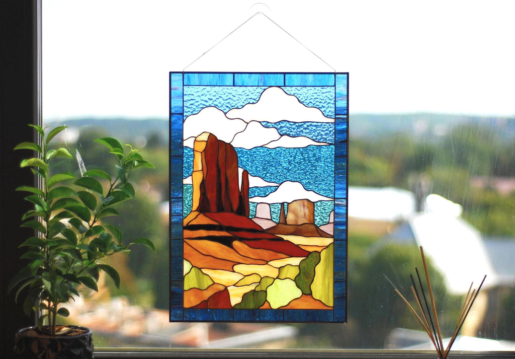 Monument Valley Stained Glass Window Hanging 13x18.5 in, Desert Canyon Suncatcher, Southwest Landscape Panel, Western Home Decor